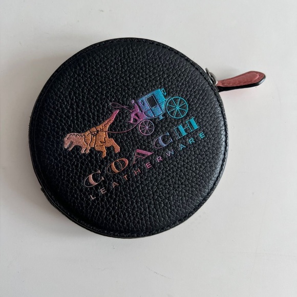 Coach Black Leather Round Pouch with Multicolor Logo